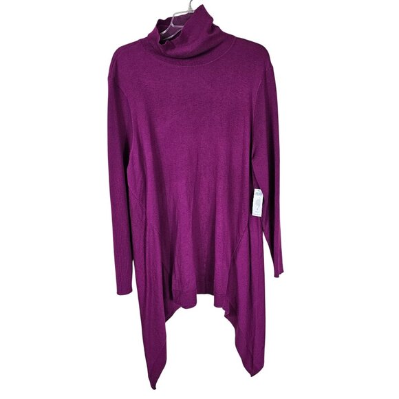 Chicos Fuchsia Turtleneck Sweater XL Sharkbite Hem Drapey Lightweight Layer - Picture 1 of 11